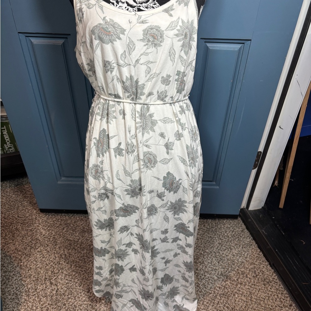 Carve Designs White Maxi Dress with Green Floral Print Outlined in Gold